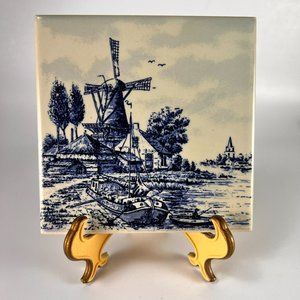 Vtg Joa Delft Blue Hand Painted Dutch Tile Barge Windmill Motif Wall Art Hang